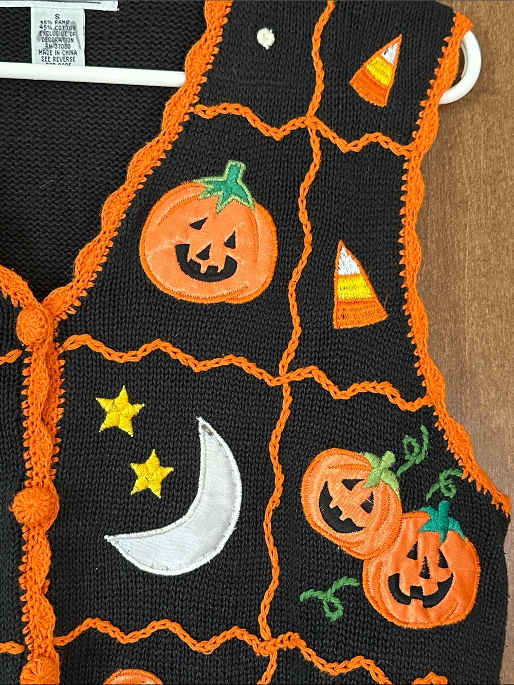 Women's Black Halloween Sweater Vest with Orange Trim - Picture 4 of 8